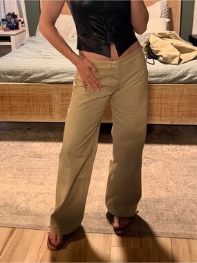 Tan low rise no waistband jeans. Medium.
